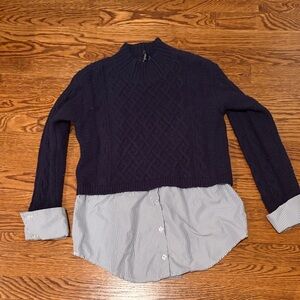 Aqua Navy Cable Knit Sweater with Striped Hem